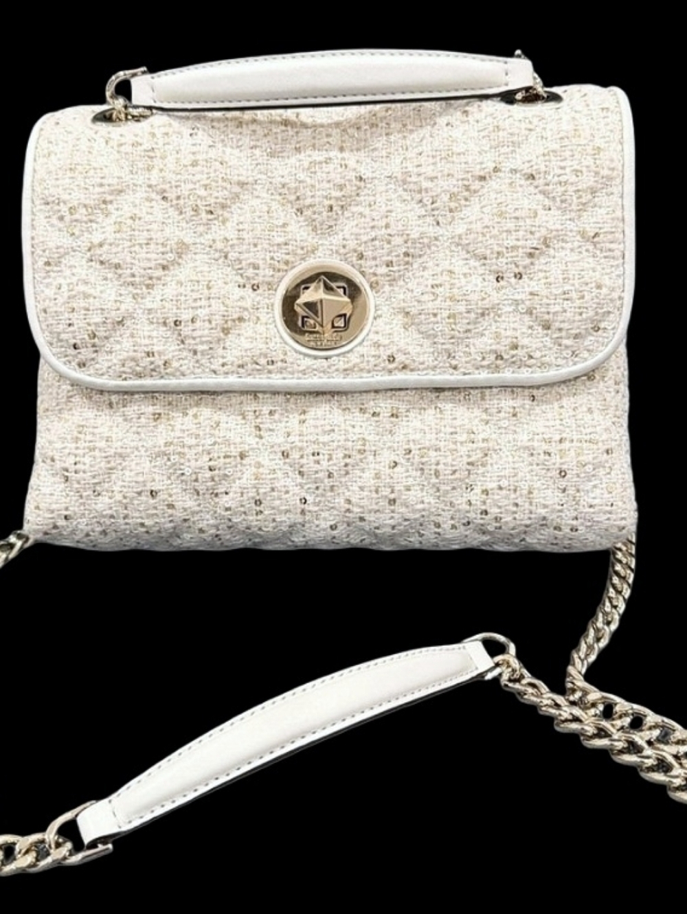 Kate Spade Ivory Tweed Crossbody With Gold Chain Strap